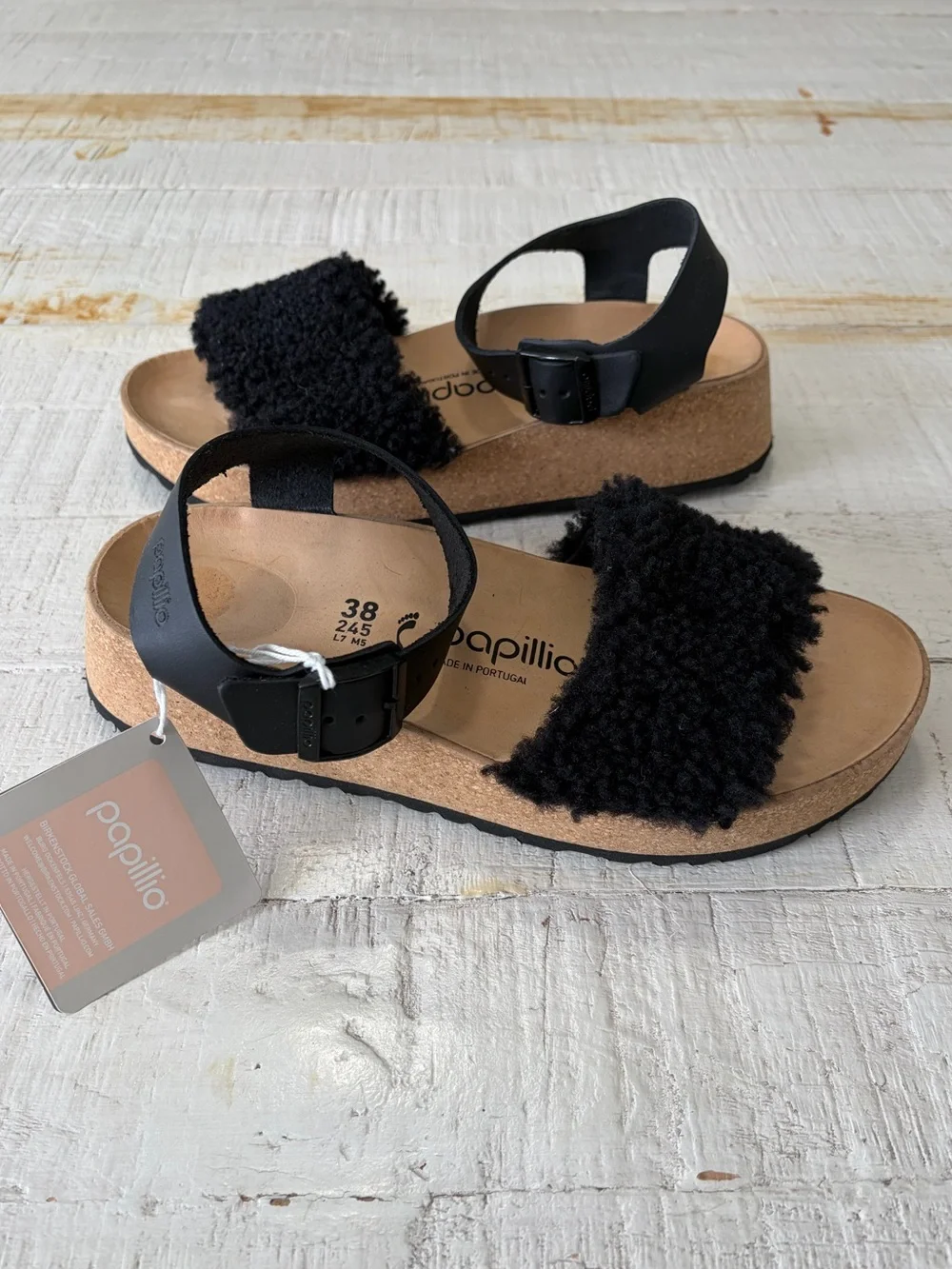 Birkenstock Papillio Glenda Teddy Sandals NWT EU size 38 US 7 7.5 Black Wedge